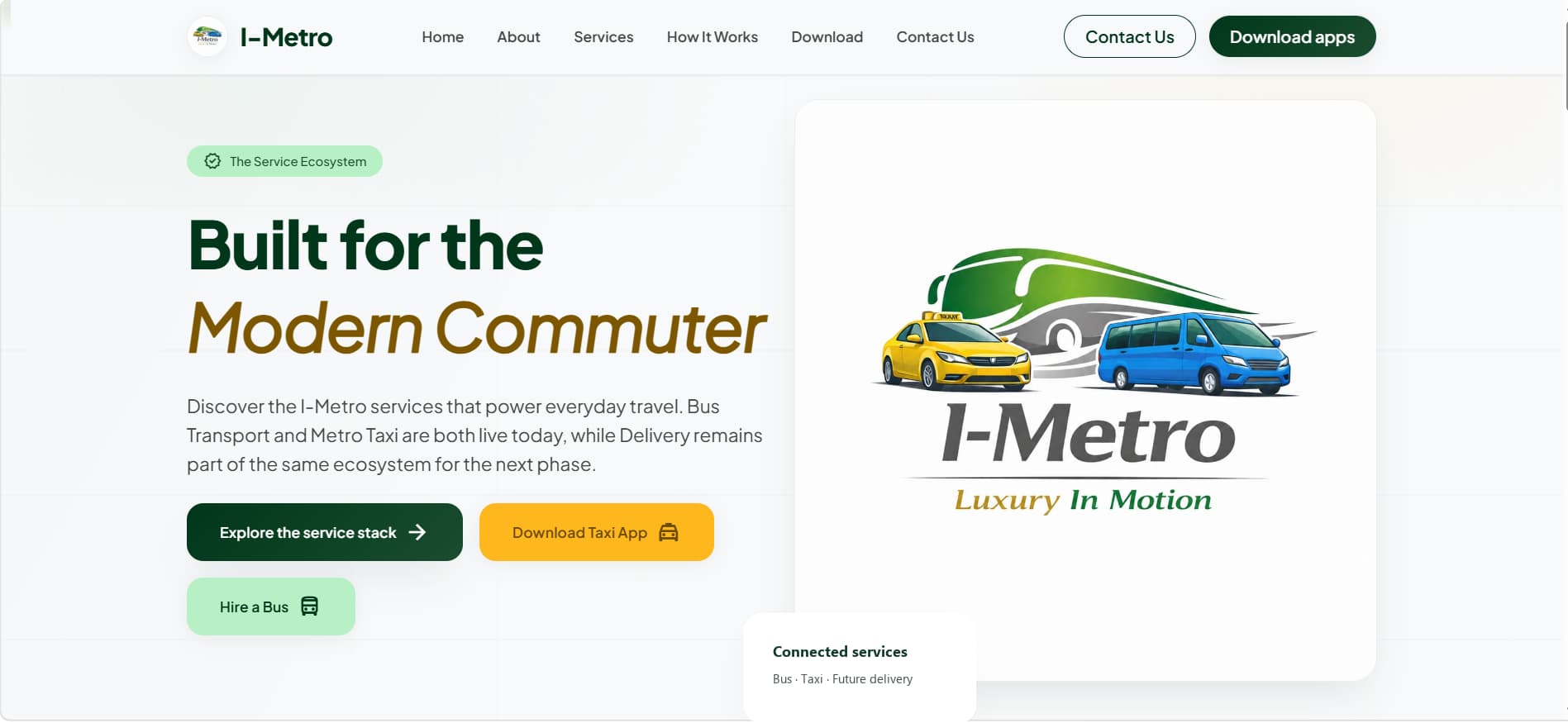 I-Metro services page presenting bus and taxi products.