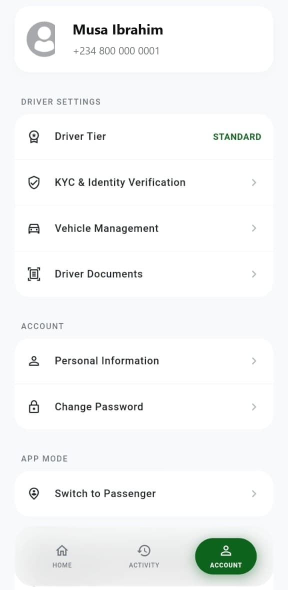 Privacy-safe I-Metro taxi driver account and vehicle controls.