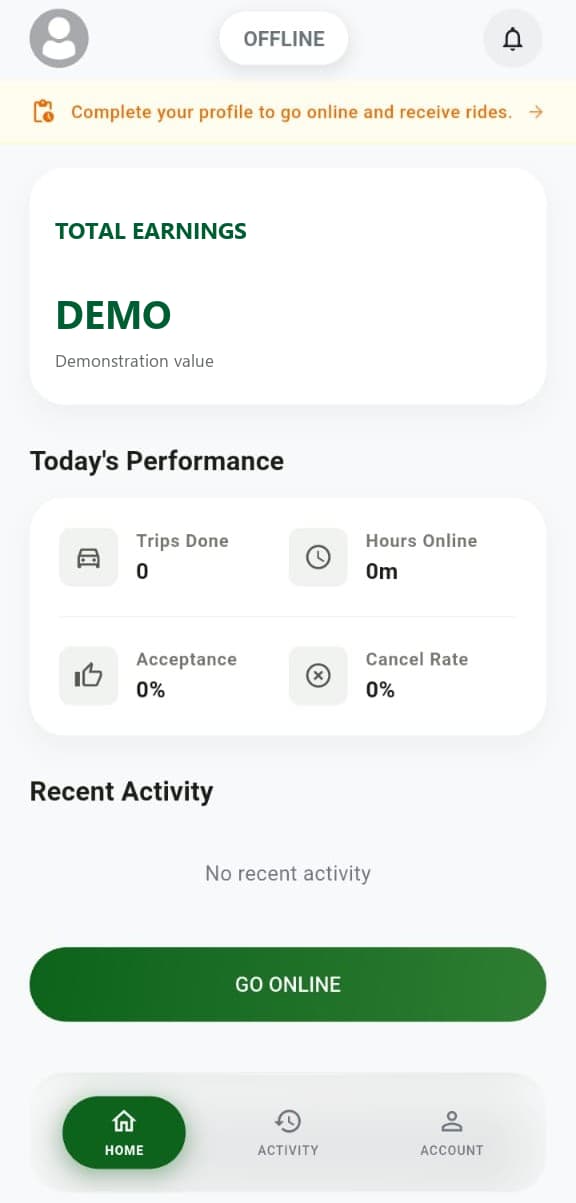 I-Metro taxi driver dashboard in a demonstration state.
