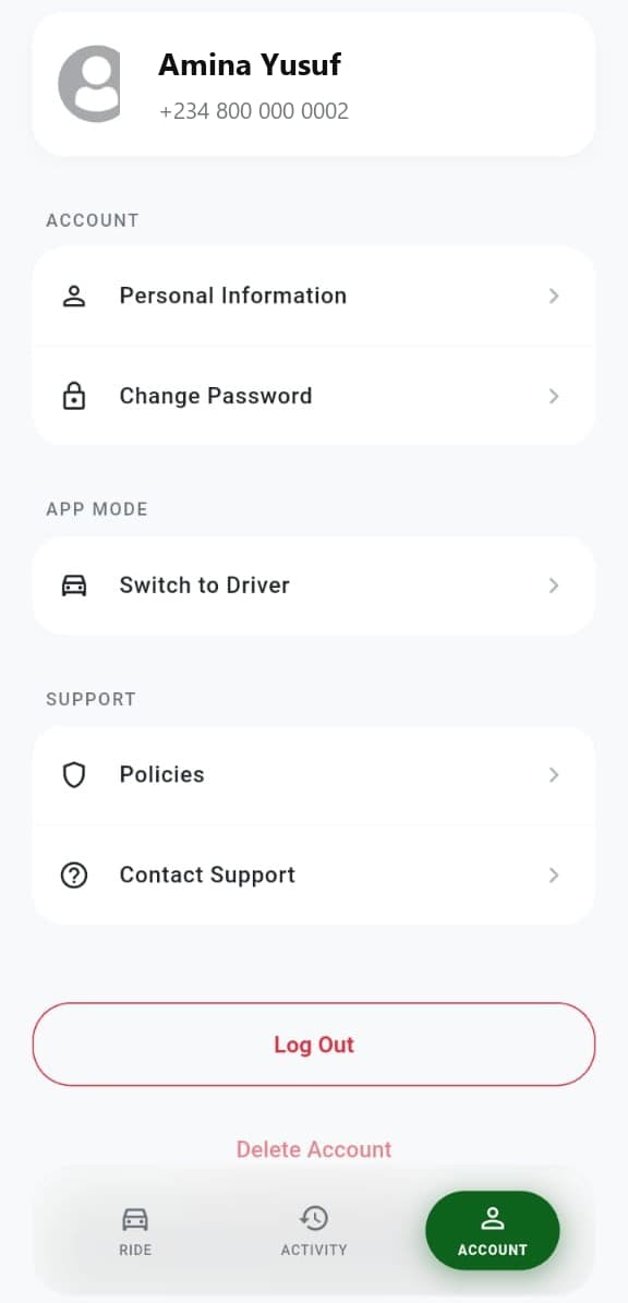 Privacy-safe I-Metro taxi passenger account and support settings.