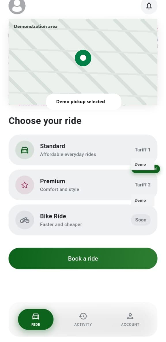 I-Metro taxi passenger booking interface with a non-identifying map.