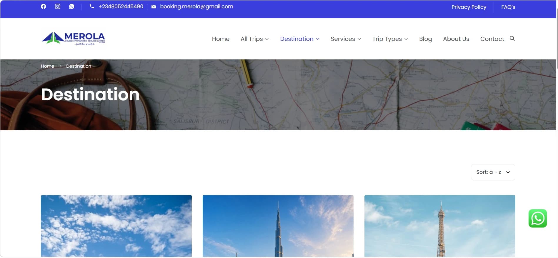 Merola Travel destination page with a sortable travel catalogue.