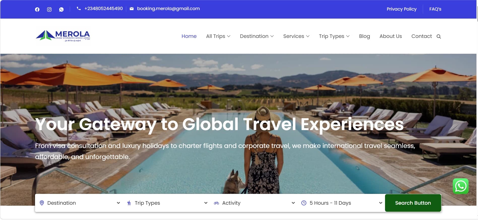 Merola Travel homepage with destination imagery and trip-search controls.