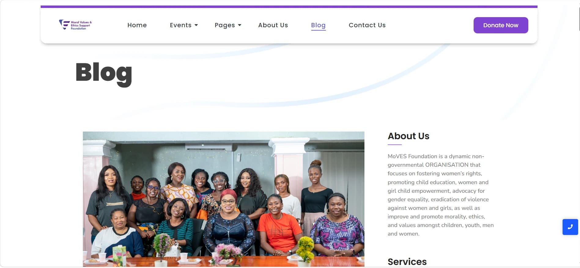 Moves Foundation content page with an About Us summary and community photograph.