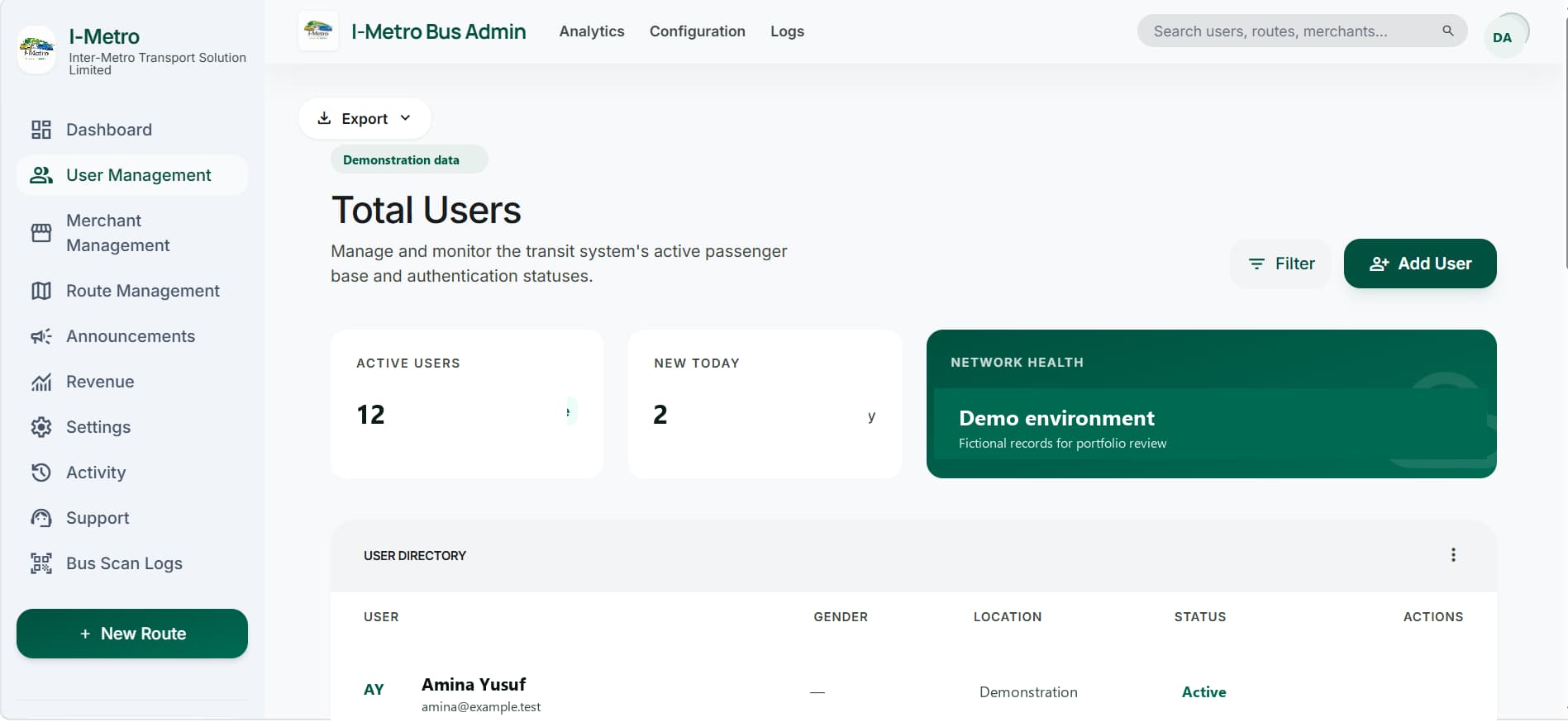 I-Metro bus user-management dashboard with a privacy-safe demonstration directory.