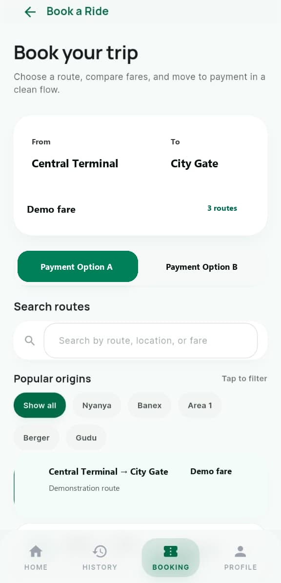 I-Metro passenger booking screen with route and payment-selection controls.