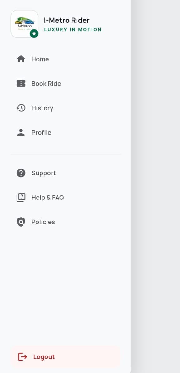 I-Metro passenger application navigation menu.