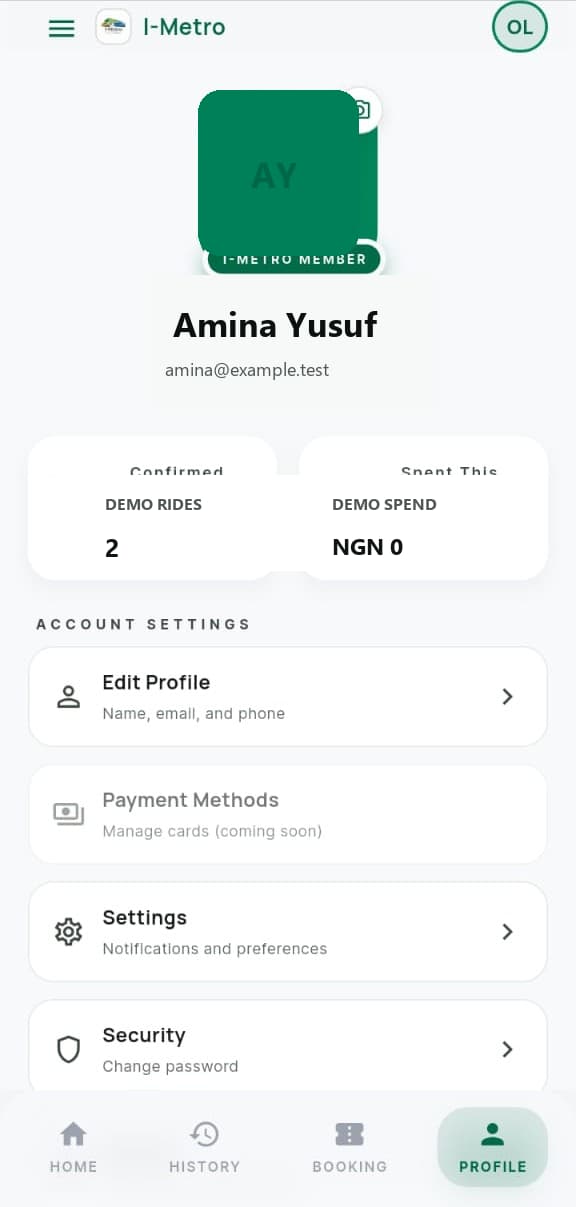 Privacy-safe I-Metro passenger profile and account settings.