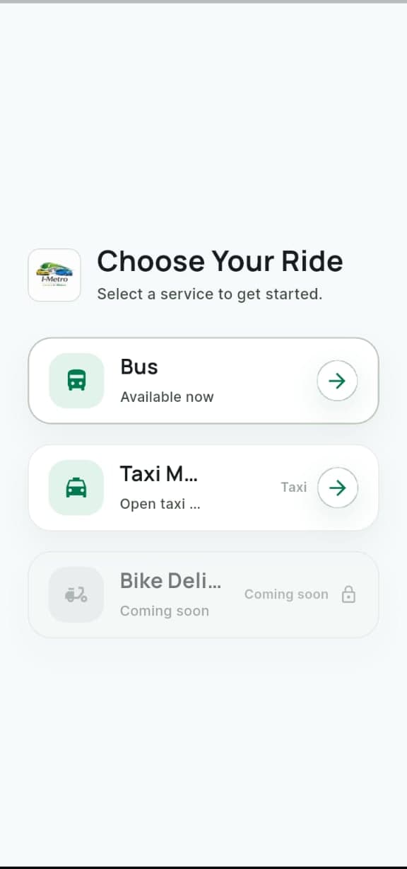 I-Metro service selector showing available bus and taxi options.