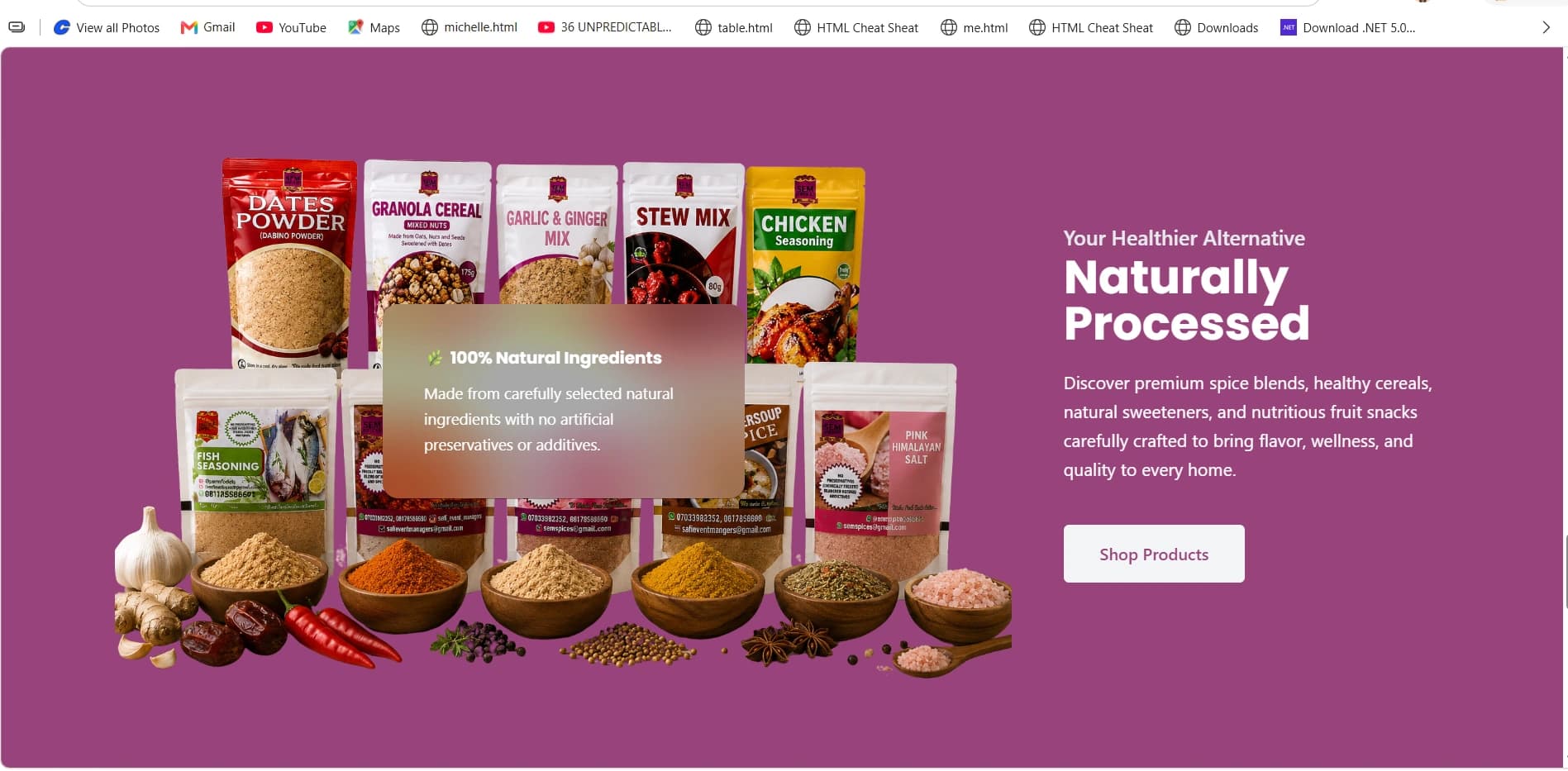 Natural Blend catalogue with search, filters, sorting and product cards.