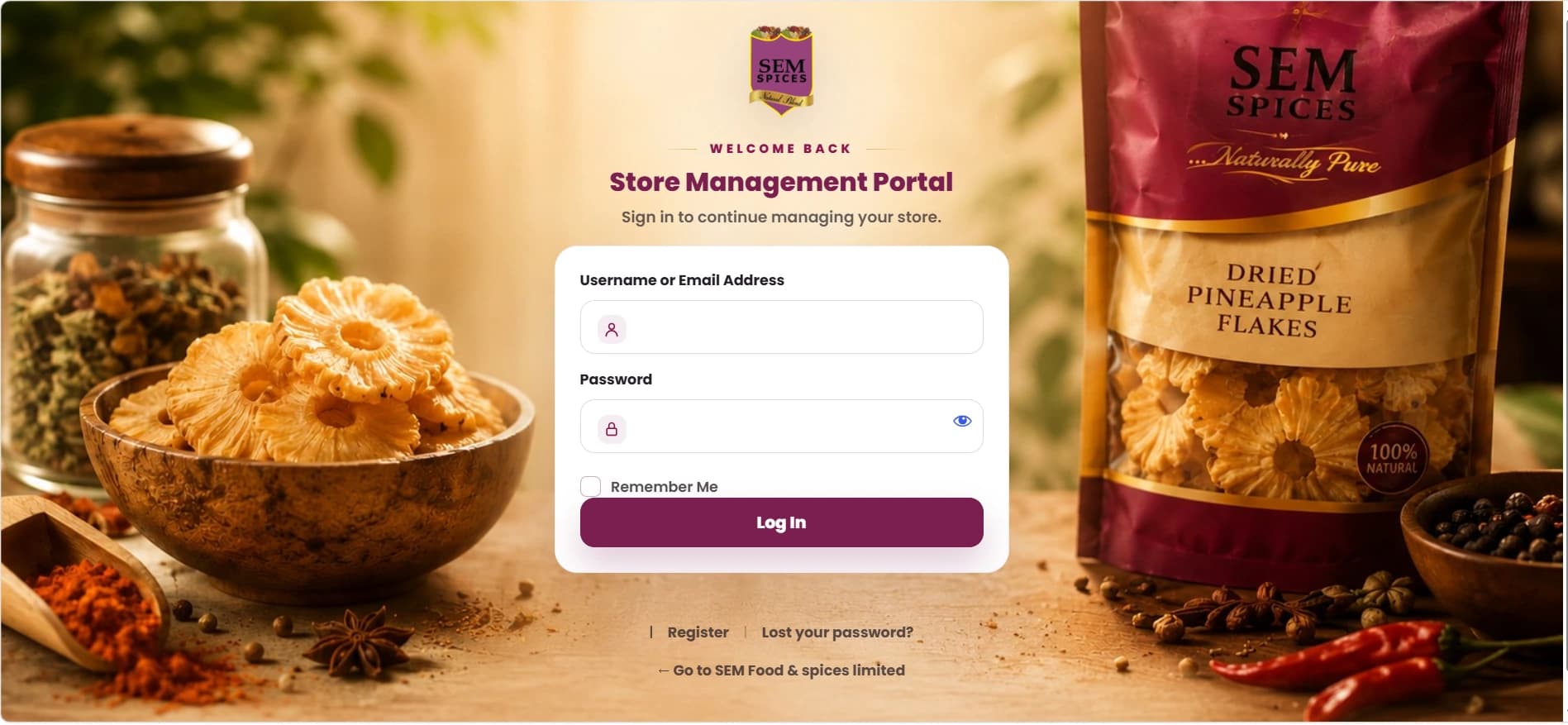 Natural Blend store-management login with blank credential fields.