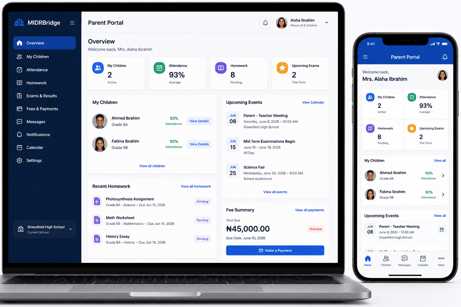 MIDRBridge Parent Portal concept showing child profiles, attendance, homework, events, fees, messages, and responsive mobile access.